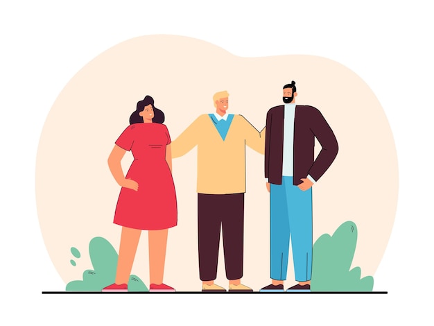Amigos o colegas de pie juntos. Personajes masculinos y femeninos abrazándose y hablando ilustración plana