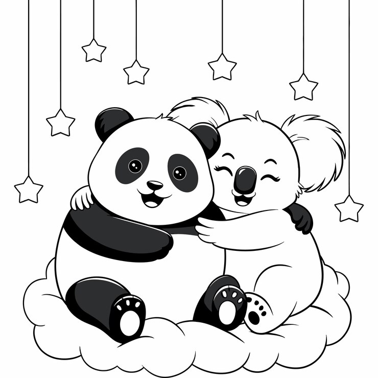 Vector amigos panda y koala abrazados en una nube bajo las estrellas