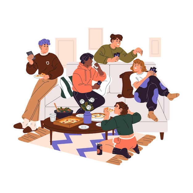 Los amigos pasan tiempo juntos comiendo pizza en la fiesta en casa Un grupo de adolescentes se sienta en el sofá juega a las cartas en la sala de estar Los jóvenes hablan se divierten Ilustración de vector aislado plano en blanco