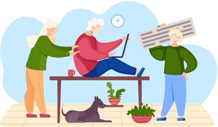 Vector amigos personas en casa cerca de la mesa con computadora portátil amistad comodidad ambiente doméstico concepto descanso familiar con mascotas relajación comunicación hombre con computadora y mujeres personajes de dibujos animados