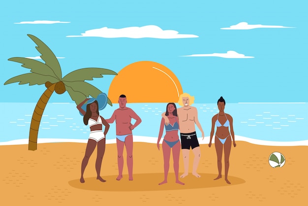 Amigos de personas multirraciales en la playa al atardecer ilustración plana. Las parejas jóvenes felices se relajan, los padres se unen. Palma de coco, mar en calma. Tiempo de vacaciones juntos.