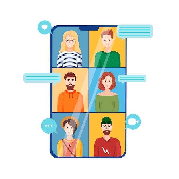 Amigos que se unen a través del teléfono móvil. Pantalla de teléfono inteligente. Concepto de videollamada. Trabajo o comunicación a distancia, formación con reunión realizada mediante videoconferencia.