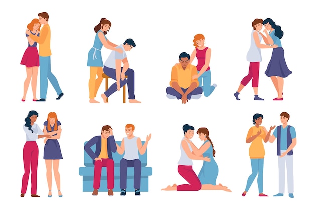 Amigos reconfortantes. Apoyo mental para personas estresadas, tristes y deprimidas. Abrazo familiar, cuidado y consuelo. Mujer y hombre en conjunto de vectores de tristeza. Ilustración empatía y apoyo amigo.