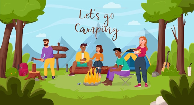 Los amigos se relajan en la naturaleza Verano camping senderismo camper concepto de tiempo de aventura