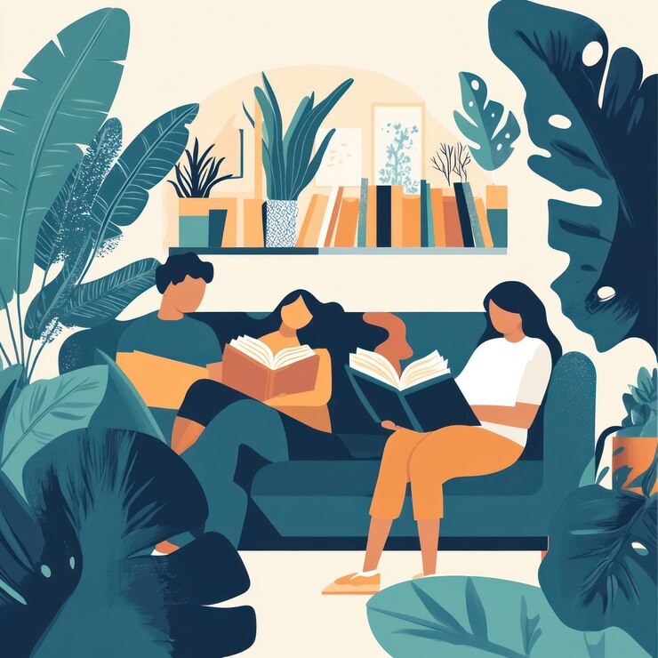 Amigos relajándose en el sofá y leyendo libros