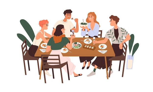 Vector amigos reunidos en la mesa del comedor con vino y comida. jóvenes felices comiendo, celebrando las vacaciones, hablando, relajándose juntos el fin de semana. ilustración de vector plano aislado sobre fondo blanco