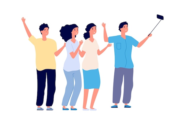 Amigos selfie. Los estudiantes aislados hacen vlogs o transmisiones en vivo. Grupo de personas planas de vacaciones, hombre mujer juntos ilustración vectorial. Gente, niña y niño, en, estilo de vida social, selfie