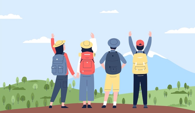 Amigos de senderismo en la roca Grupo de personas jóvenes de pie en la montaña persona alegre descanso en la naturaleza Establecimiento y logro de metas metáfora vectorial reciente
