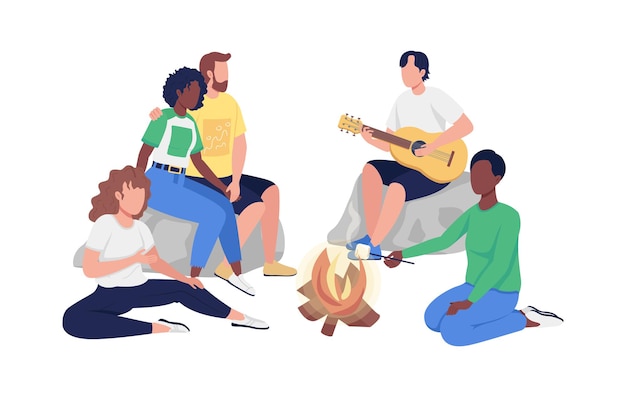 Amigos sentados alrededor de personajes de vector de color semi plano de fogata. Gente de cuerpo entero en blanco. Ilustración de estilo de dibujos animados moderno aislado recreación al aire libre para diseño gráfico y animación