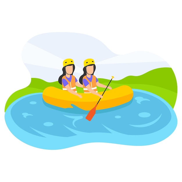 Amigos sentados en bote y sosteniendo paletas Concepto de deportes acuáticos en medio del vector del lago