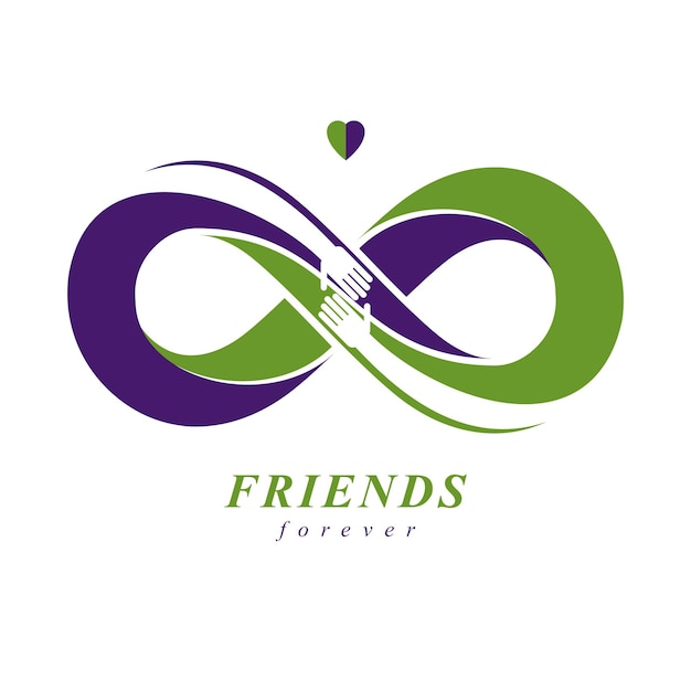 Amigos para siempre, logotipo vectorial inusual de amistad eterna combinado con dos símbolos de Infinito y manos humanas.