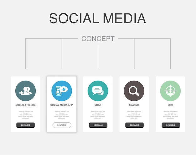 Vector amigos sociales, aplicación de redes sociales, búsqueda de chat, iconos smm, plantilla de diseño de diseño de línea de tiempo infográfica, concepto de presentación creativa con 5 pasos