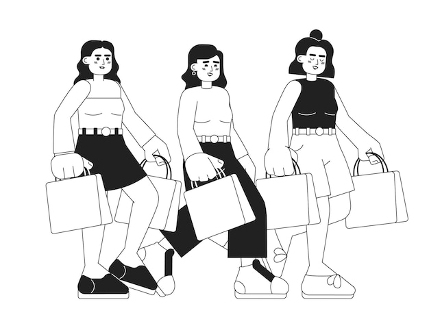 Amigos yendo de compras personajes vectoriales planos monocromáticos Chicas con paquetes Hermanas de alma Línea delgada editable personas de cuerpo completo en blanco Imagen de punto de dibujos animados simple bw para diseño gráfico web