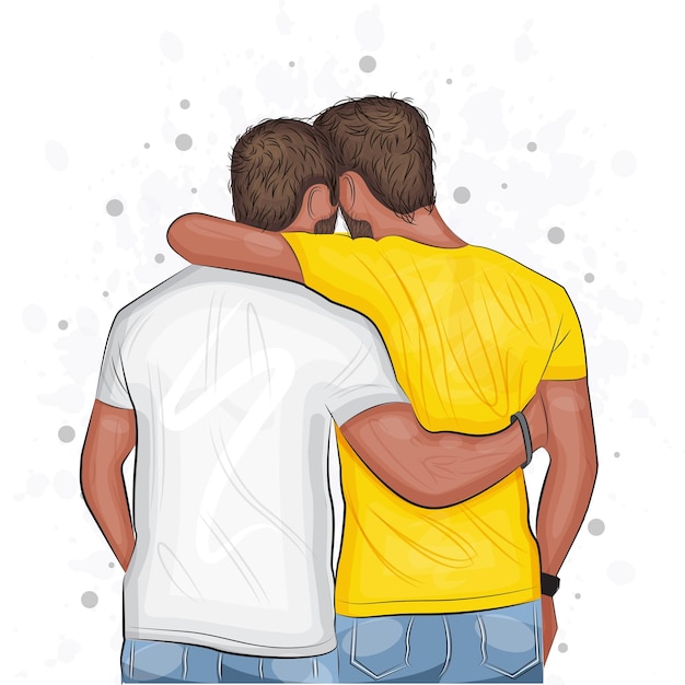 Vector amistad masculina dos hombres guapos abrazándose o ilustración vectorial de moda homosexual