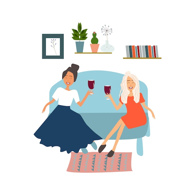 Amistad. mujeres bebiendo vino en casa. ilustración vectorial