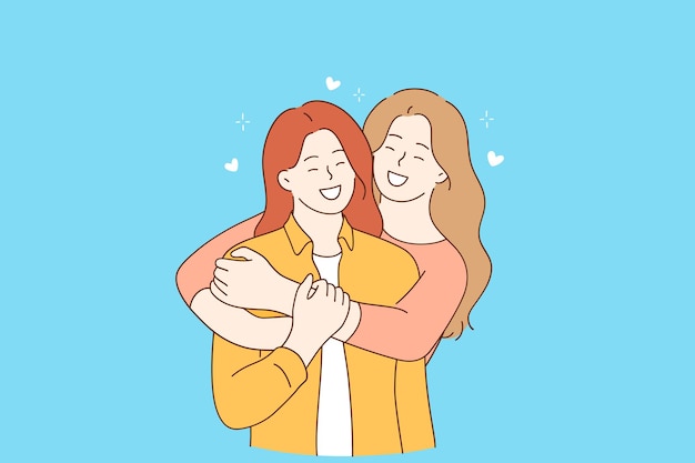 Amistad niñas felicidad y concepto de abrazos