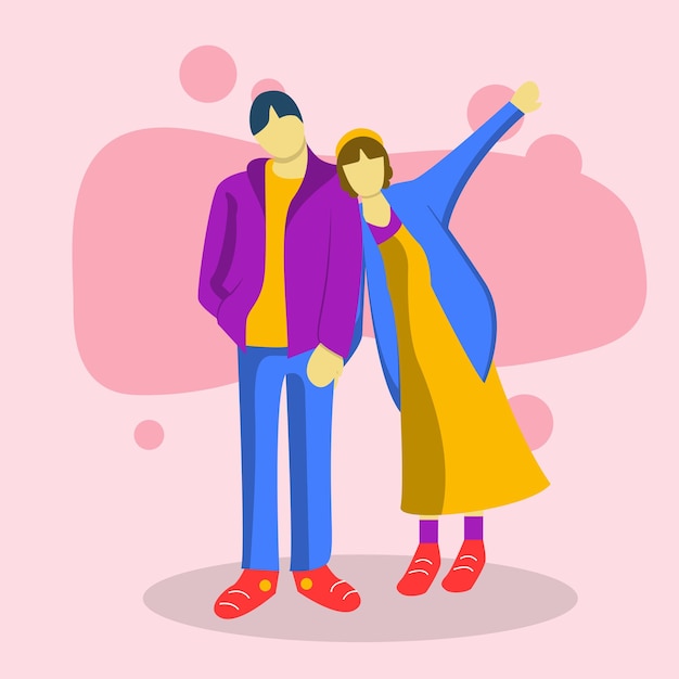 las amistades están de pie frente a un diseño plano de fondo rosa