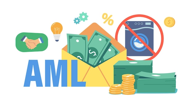 Aml, Campaña Contra el Blanqueo de Capitales. Sobre con Dólares, Lavadora Cruzada, Pila de Billetes y Monedas, Bombilla