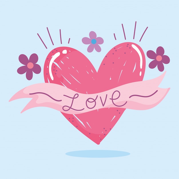 Vector amo las flores románticas y el diseño de tarjeta de dibujos animados de decoración de letras de corazón