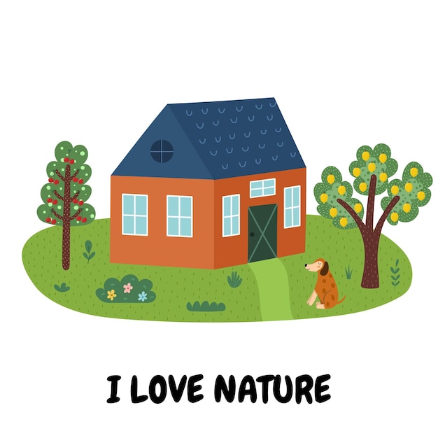 Amo la impresión de la naturaleza con una casa en un perro de césped y árboles escena de prado verde de verano