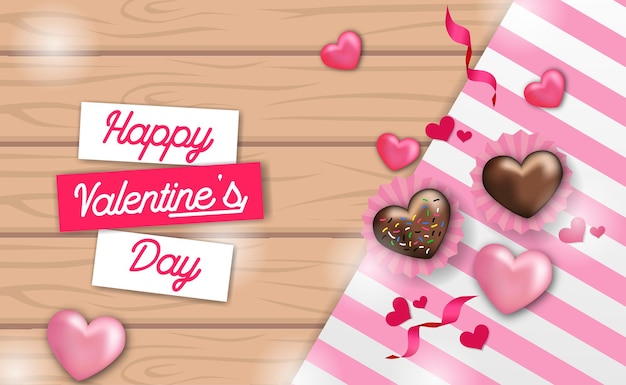 Vector amo la vista superior de forma de corazón de pastel dulce de chocolate con mantel en la madera para la plantilla de saludo del día de san valentín