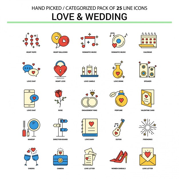 Amor y boda flat line icon set