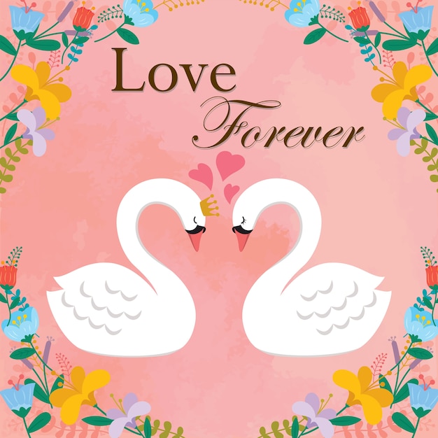 Vector amor cisne y marco floral en la ilustración de fondo rosa