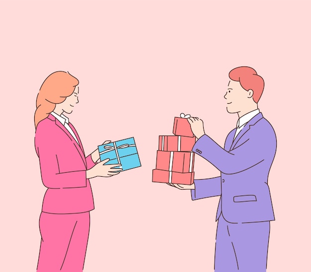 Amor, citas, romance, relación, unión, concepto de pareja. Feliz mujer atractiva y hombre sonriente con regalos en el día de San Valentín.