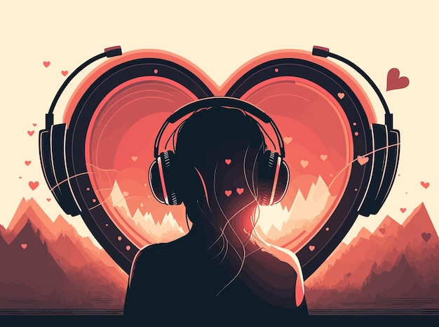 Vector amor por el concepto de música una chica con auriculares y auriculares en forma de corazón ilustración vectorial eps 10