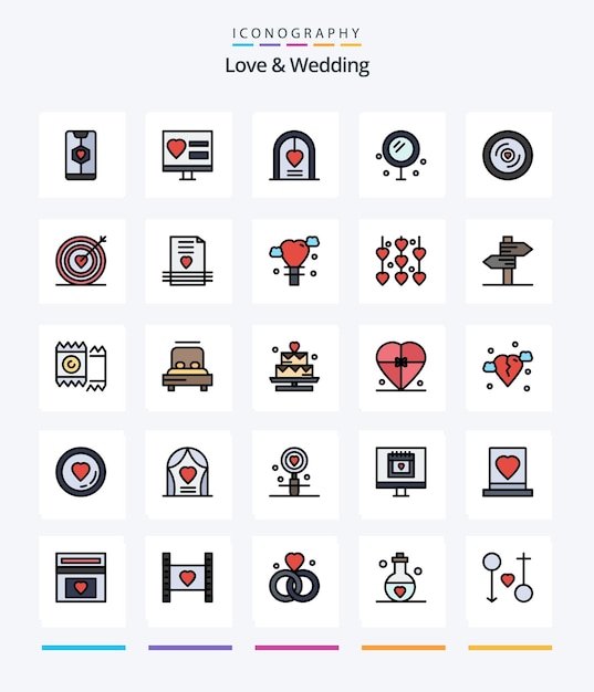 Amor creativo y boda Paquete de iconos llenos de 25 líneas, como amor, cosméticos, web, amor de boda