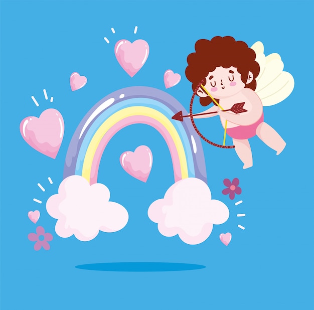 Amor cupido con arco y flecha corazones de arco iris adorable caricatura romántica