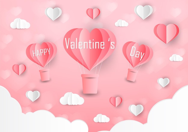El amor y el día de San Valentín Los amantes se paran y un globo con forma de corazón de arte de papel flotando en el cielo.