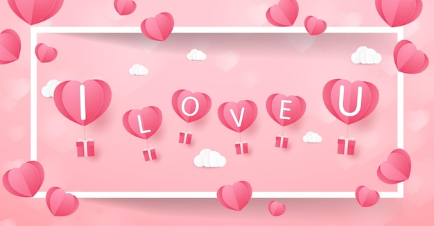 El amor y el día de san valentín los amantes se paran y un globo con forma de corazón de arte de papel flotando en el cielo.