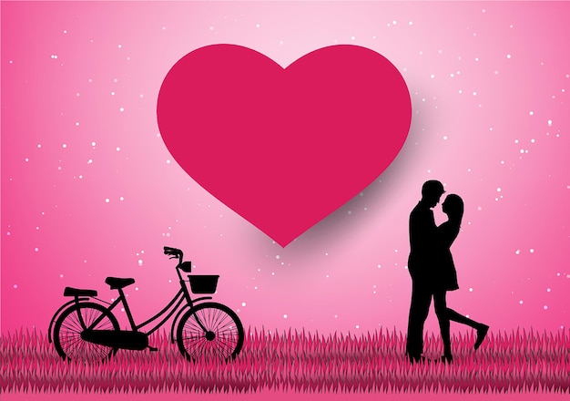 Amor y día de San Valentín Los amantes se paran en los prados y una forma de corazón de arte de papel