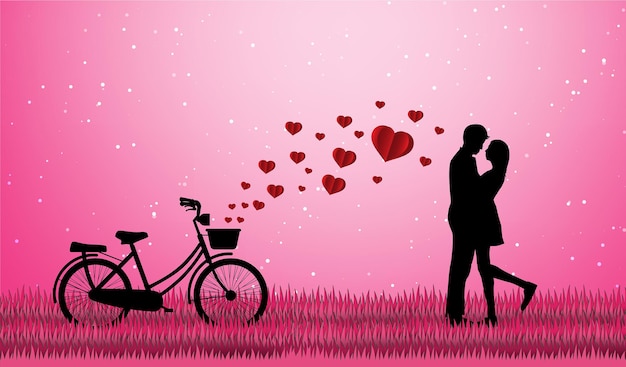 Amor y día de San Valentín Los amantes se paran en los prados y un globo en forma de corazón de arte de papel