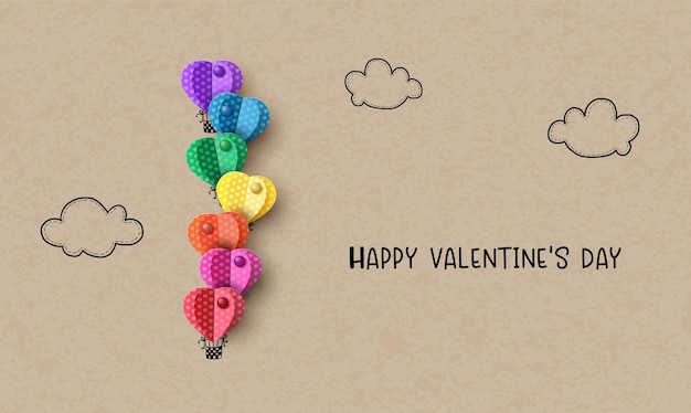 El amor y el día de san valentín con origami hicieron globos de aire caliente de varios colores en forma de corazón. estilo papercut.