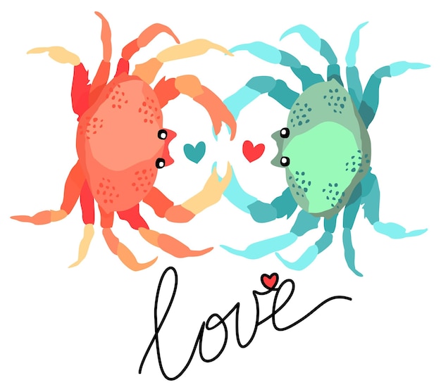 Amor. Dos cangrejos, rojo y azul. Concepto de amor con corazones y letras. Aislado sobre fondo blanco.