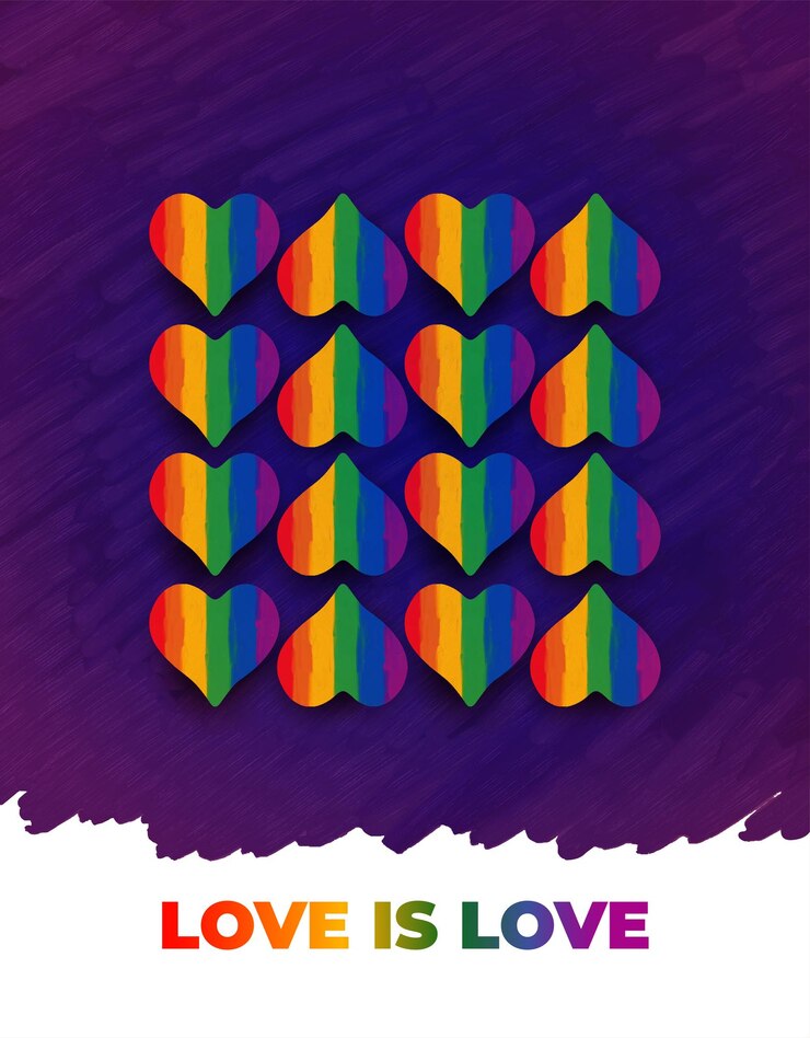 Vector el amor es amor feliz día del orgullo mes del orgullo lgbtq conjunto de corazón de la bandera del arco iris con salpicaduras frase manuscrita de brillo colorido love is love typography para la comunidad gay