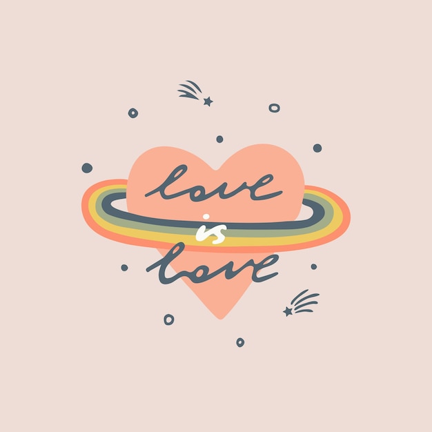 El amor es lema de amor. Corazón con un arco iris. Impresión gráfica tipográfica, dibujo de moda para camisetas