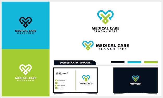 Vector amor y estetoscopio concepto de diseño de logotipo de atención médica y plantilla de tarjeta de visita