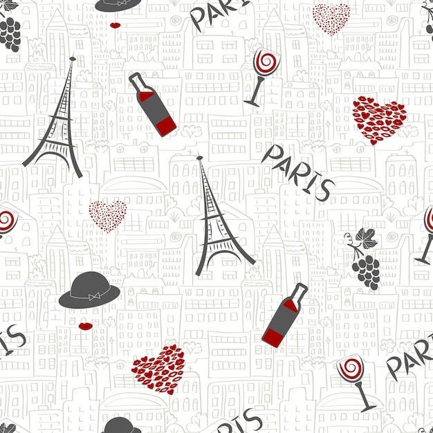 El amor en el fondo de París patrón sin costuras con copas de vino uvas de la torre Eiffel y corazones