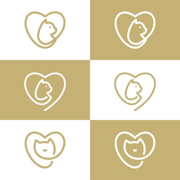 amor y gato diseño de logotipo cuidado de mascotas blanco estilo lineal concepto elemento símbolo vector ilustración