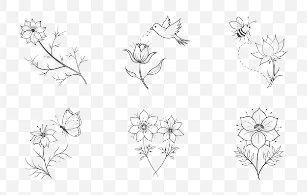 Amor impreso en una niebla Línea de arte floral Conjunto vectorial de ilustraciones florales elegantes con delicado amor en una