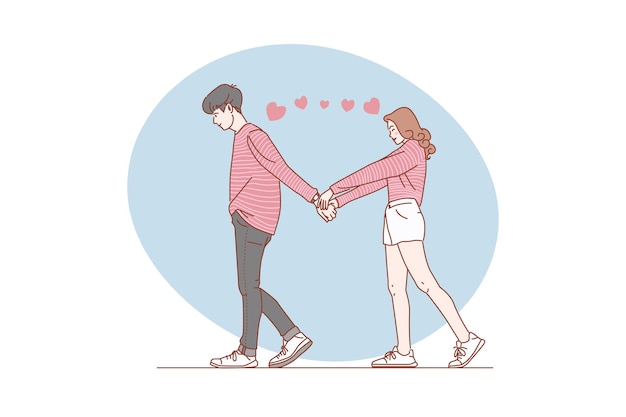 El amor joven se toma de la mano felizmente. ilustración vectorial.