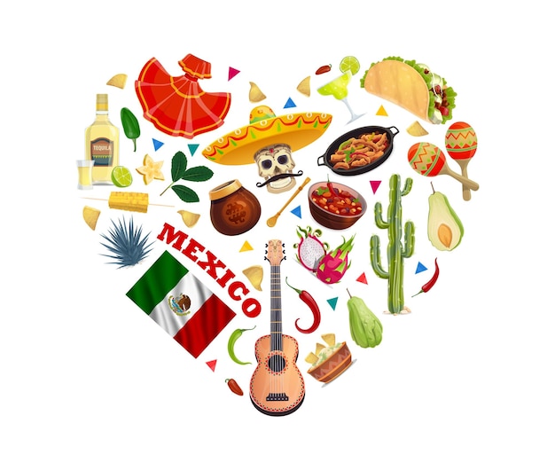 Amor a méxico forma de corazón con dibujos animados bandera mexicana comida e instrumentos musicales vector calavera cráneo sombrero guitarra y maracas tequila chile cactus y tex mex taco margarita y nachos