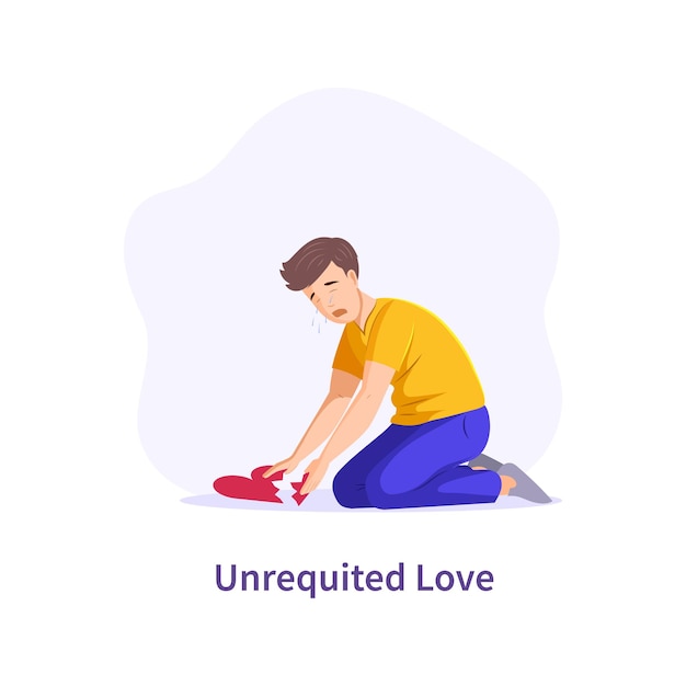 Amor no correspondido. Hombre llorando recogiendo pedazos de corazón roto. Vector plano de traición o traición