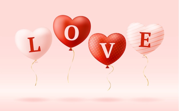 Amor palabra en globos de corazones realistas. Ilustración de San Valentín