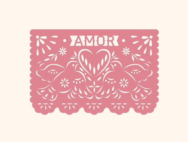 Vector amor papel picado, bandera de papel de méxico con patrón perforado de palomas pájaros enamorados, corazón. bandera folclórica tradicional para la fiesta mexicana, dia de los muertos. ilustración de vector gráfico plano aislado.