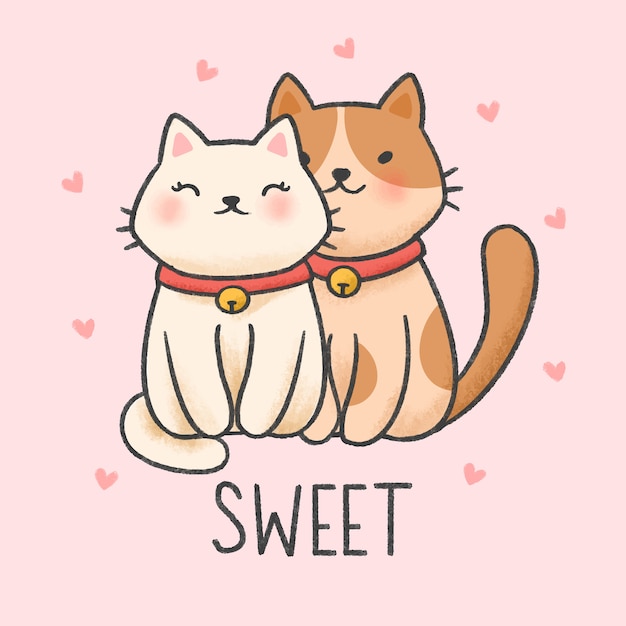 Amor de pareja de estilo de dibujos animados gato dibujado a mano