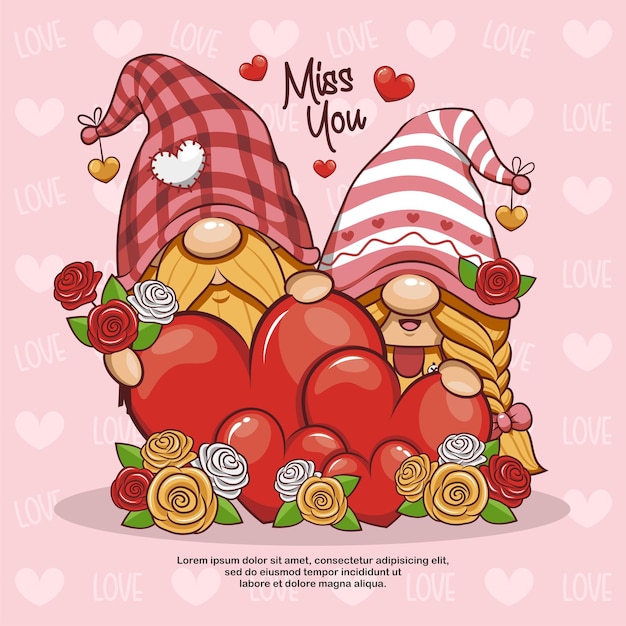 Amor de pareja de gnomo lindo con corazón de amor, ilustración de dibujos animados de San Valentín